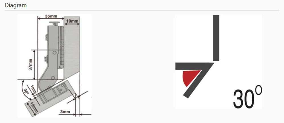 30° CROSS CORNER SLOW MOTION HINGE With Mounting Plate For Door Thickness 16 -19 mm Diagram